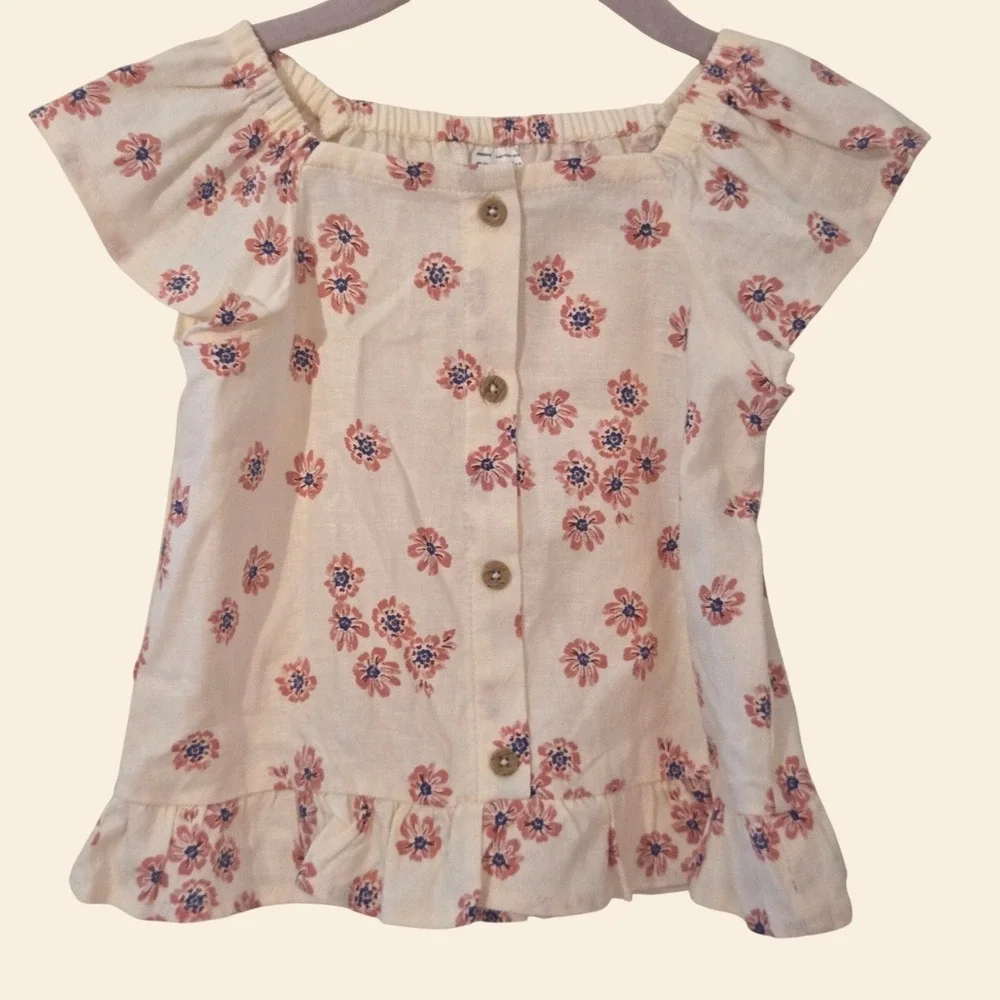Carters Toddler Girl Floral Linen Blend Button Front Flutter Sleeve Top 2T Cream